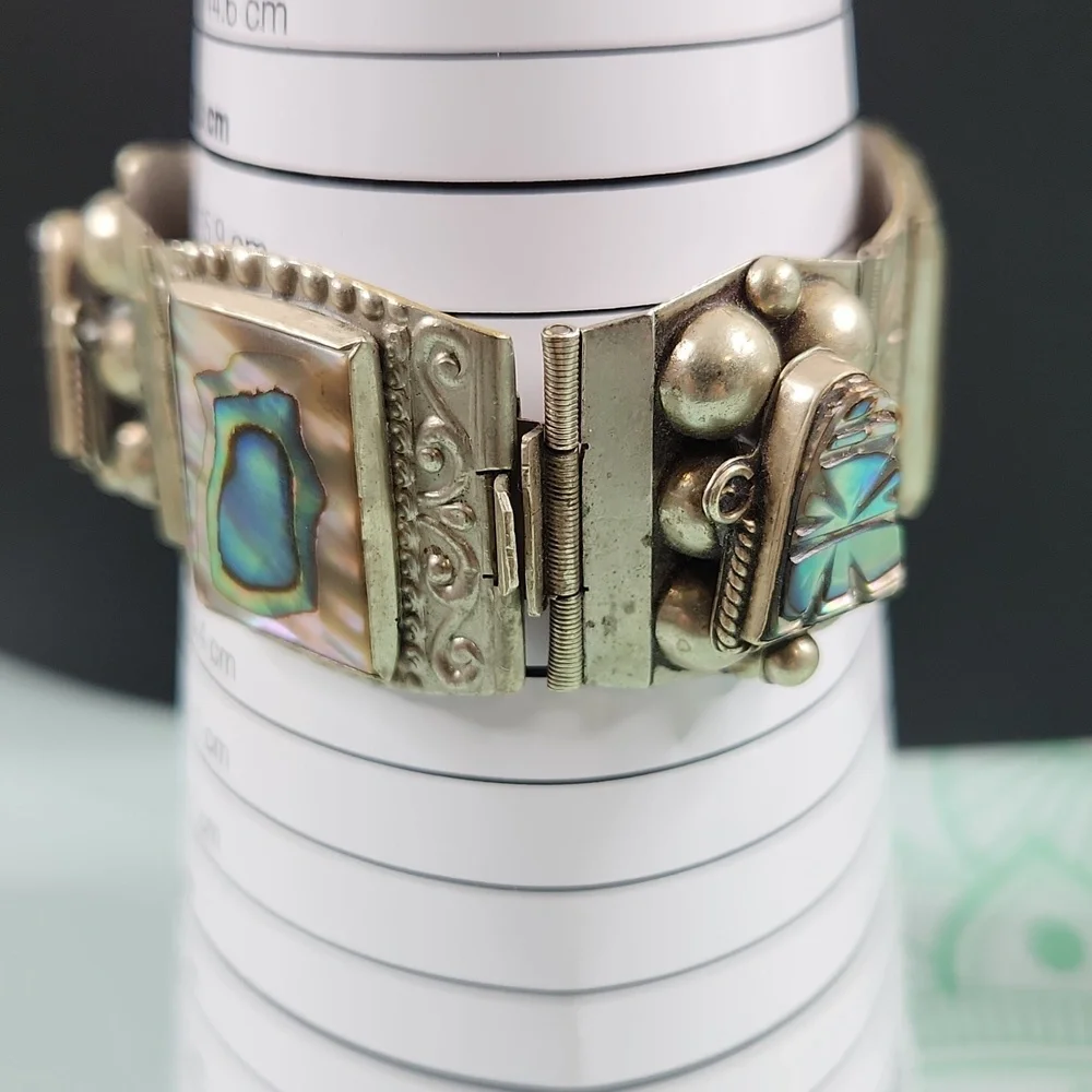 Vintage Taxco Mexico Sterling Panel Bracelet Abalone Mother of Pearl MOP - Picture 6 of 12